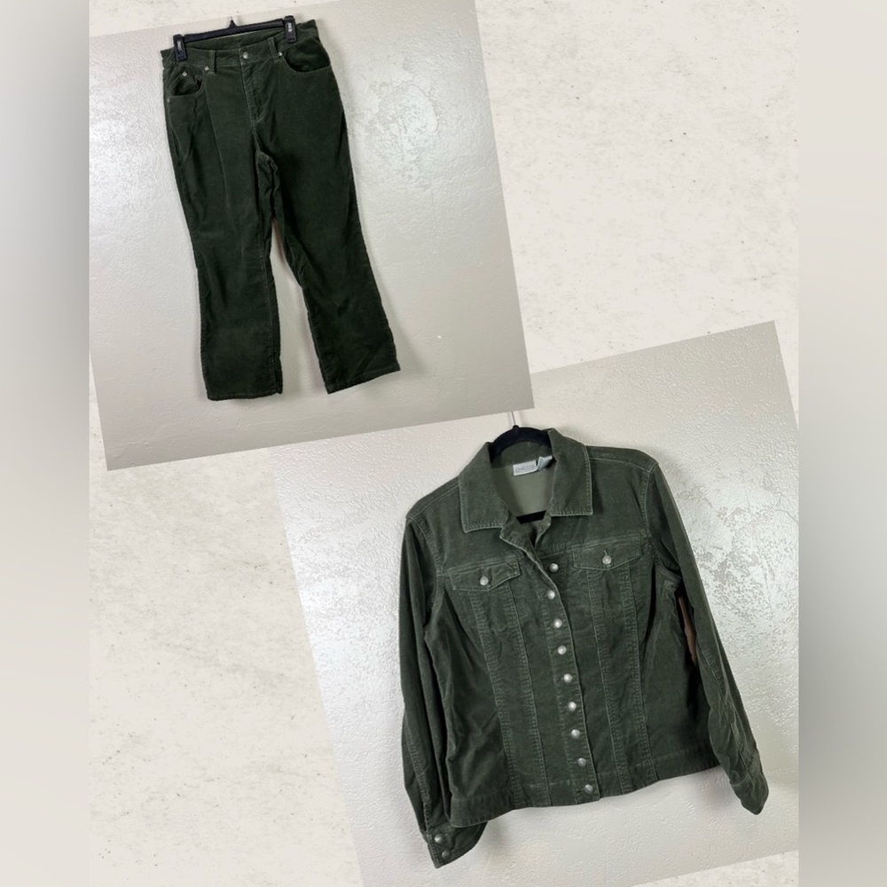 Chicos Womens Pantsuit SZ 1 M Corduroy Green Country Western Cowgirl Rodeo‎